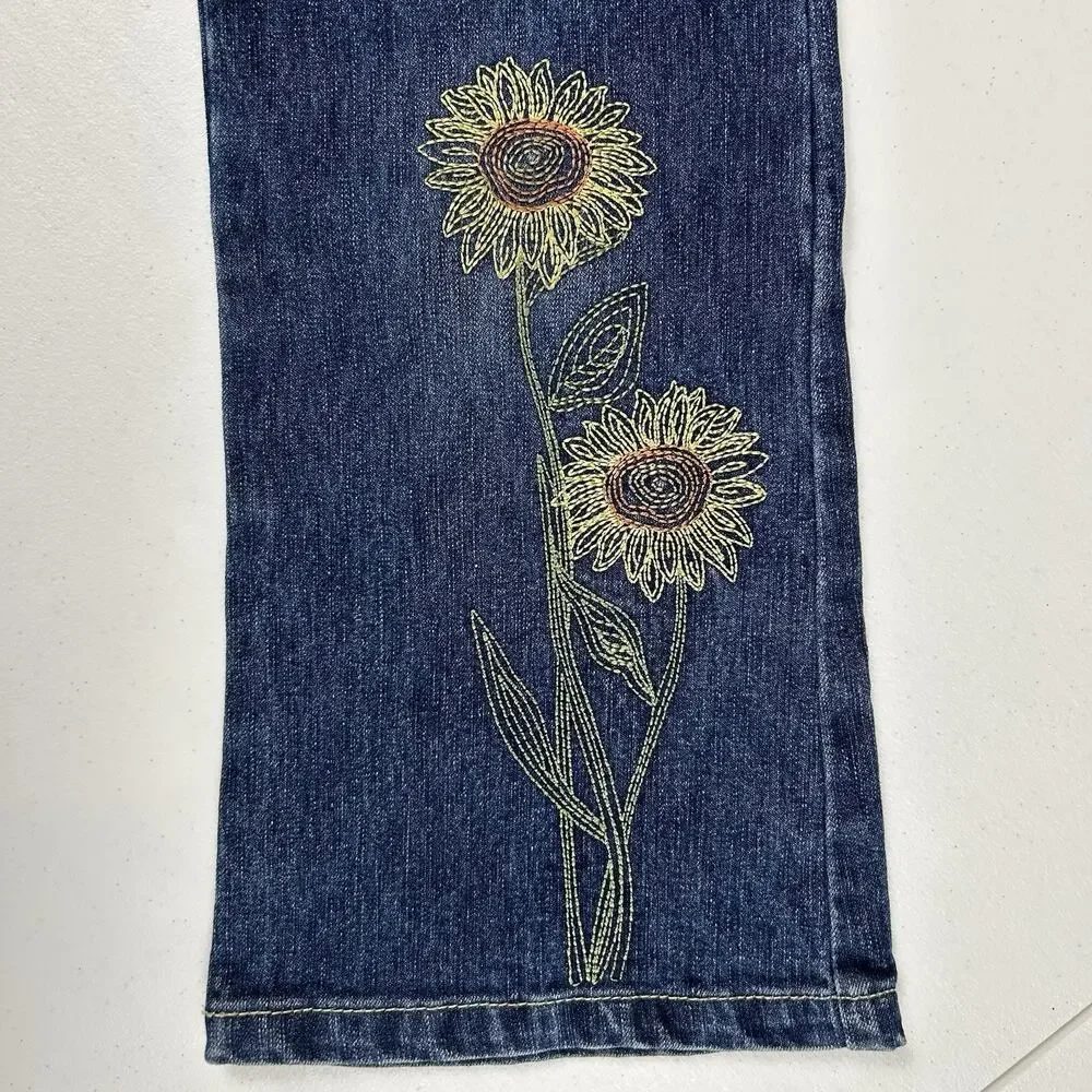 Gymboree Y2K Girls 7 Flare Jeans Belted Sunflower Embroidered Retro Denim